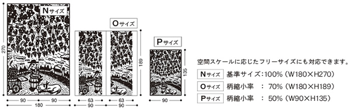 基本出力サイズ図（N・O・P）　空間スケールに応じたフリーサイズにも対応できます。