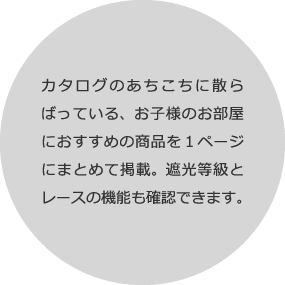 カタログのあちこちに散らばっている、お子様のお部屋におすすめの商品を１ページにまとめて掲載。遮光等級とレースの機能も確認できます。